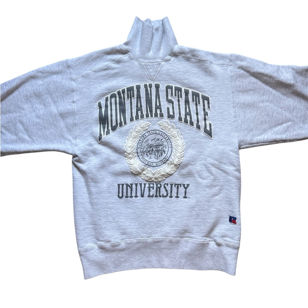 RARE VINTAGE MONTANA STATE UNIVERSITY Russell Athletic Gray HIGH Neck Sweatshirt - Picture 2 of 4